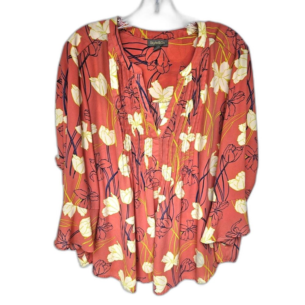 STYLE & CO Peach Floral Pleated Front Flounce Sleeve Blouse 2X